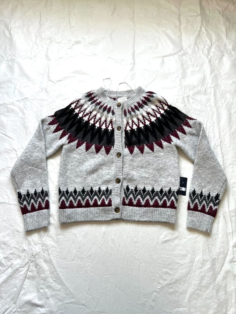 Lucky Brand cardigan sweater womens Medium Fair Isle gray burgundy red button up
